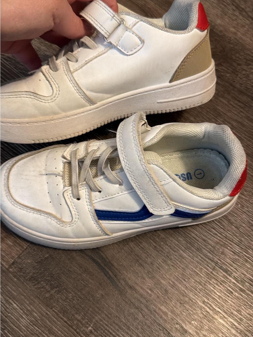 Kids White Sneakers with Blue Accent and Red Heel Tab